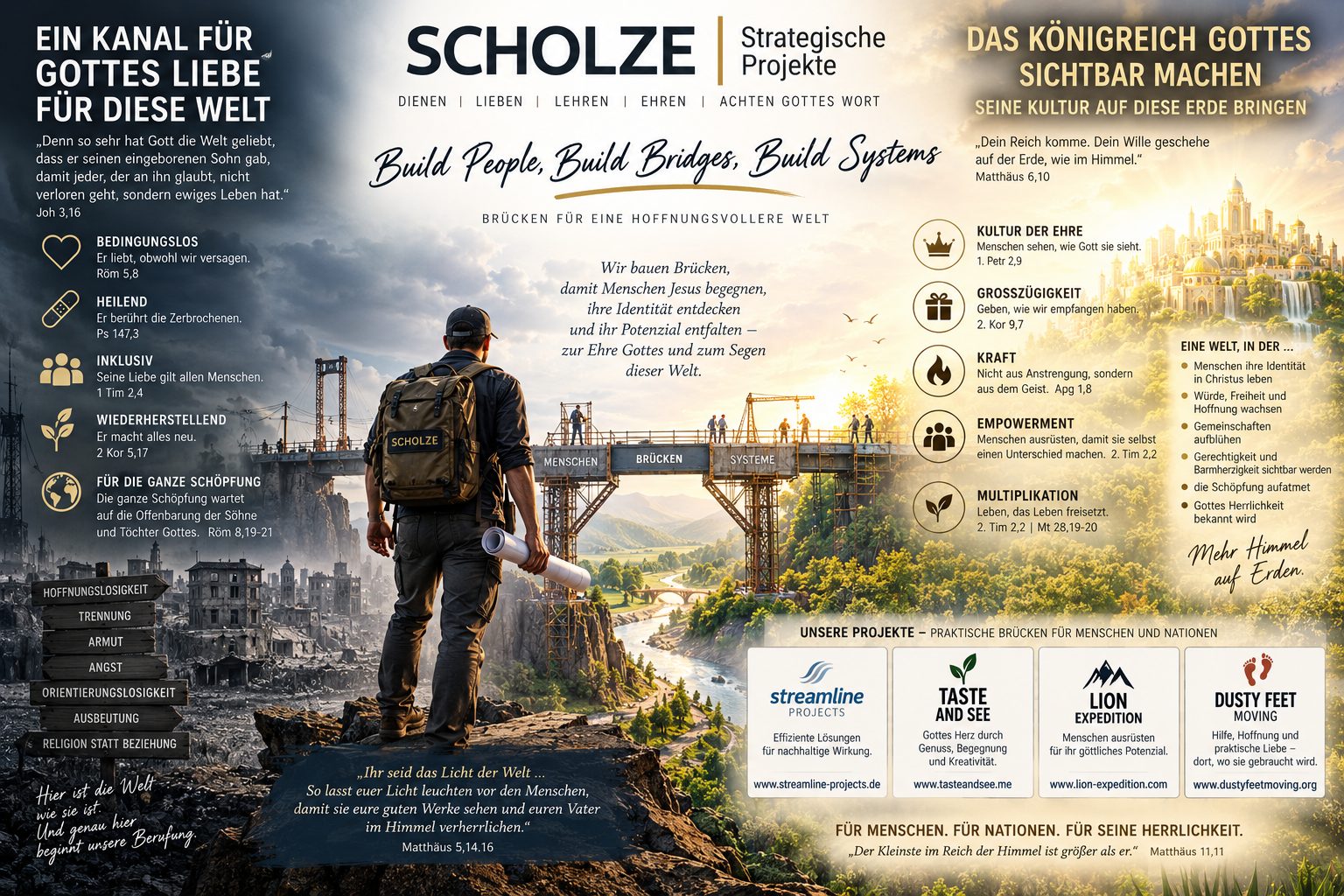 Übersicht: links die Welt in Trümmern und die Merkmale von Gottes Liebe, in der Mitte der Brückenbau über Menschen, Brücken und Systeme, rechts die Kultur des Königreichs und die vier Projekte.